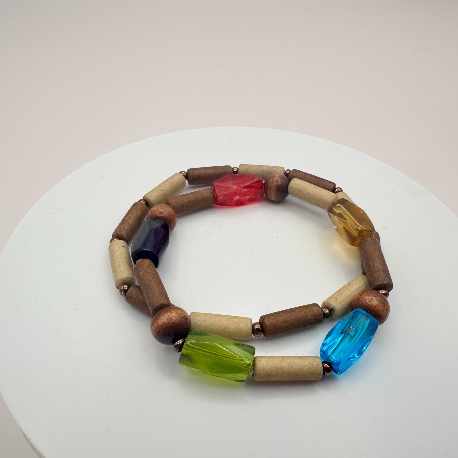 Vintage 90s Glass & Wood Bead Bracelets Set Boho Earthy Women’s Fashion Jewelry