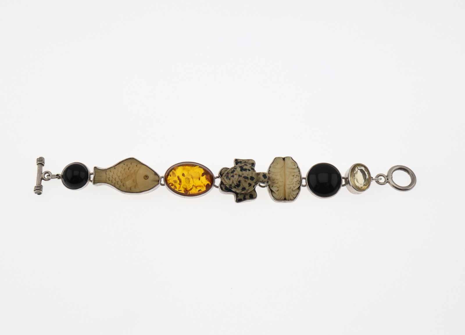 Amy Kahn Russell Sterling Silver Carved Stone 7.5 Inch Link Bracelet