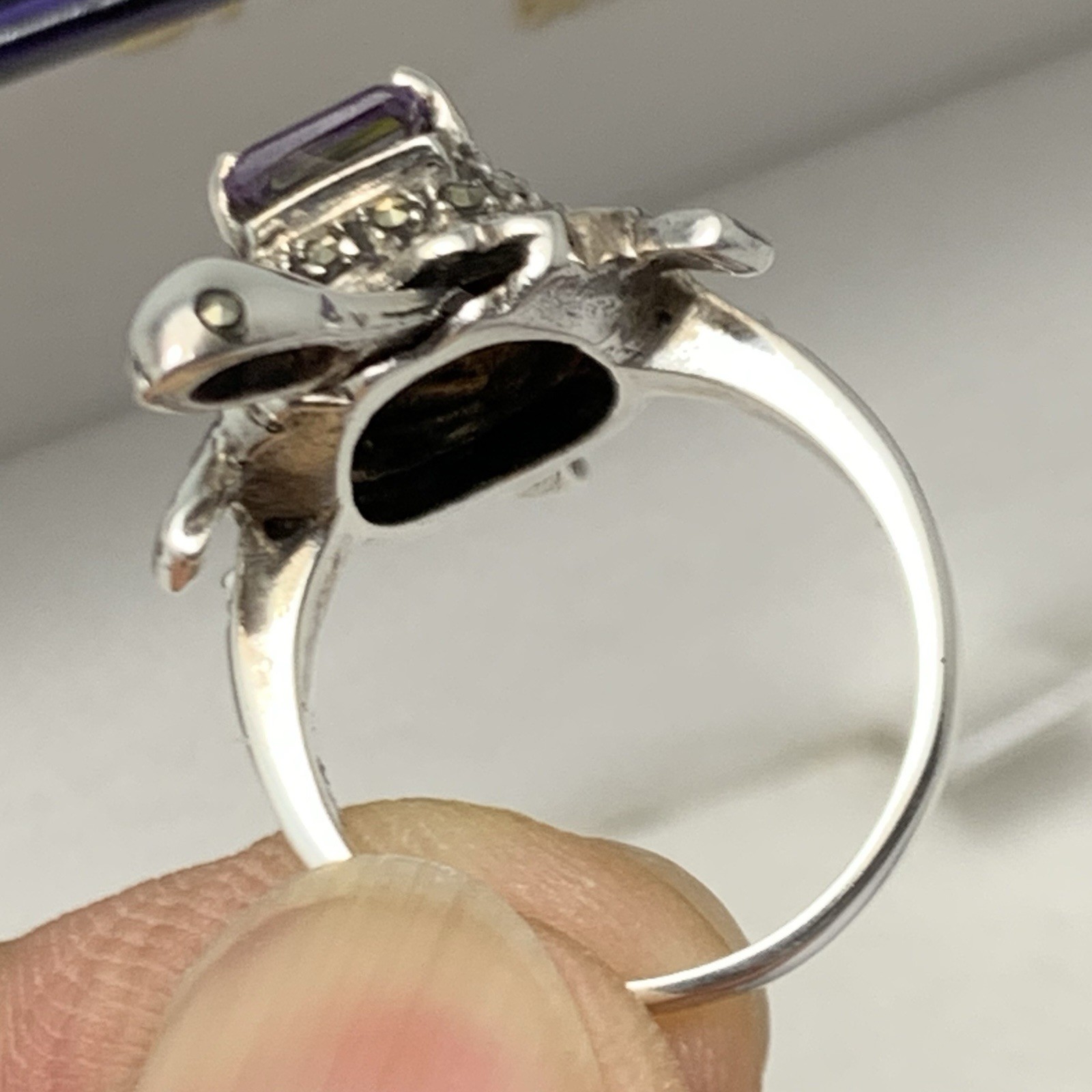 Vtg Turtle Ring w Moving Head 925 Sterling Silver Multi Colored Gem / Marcasite