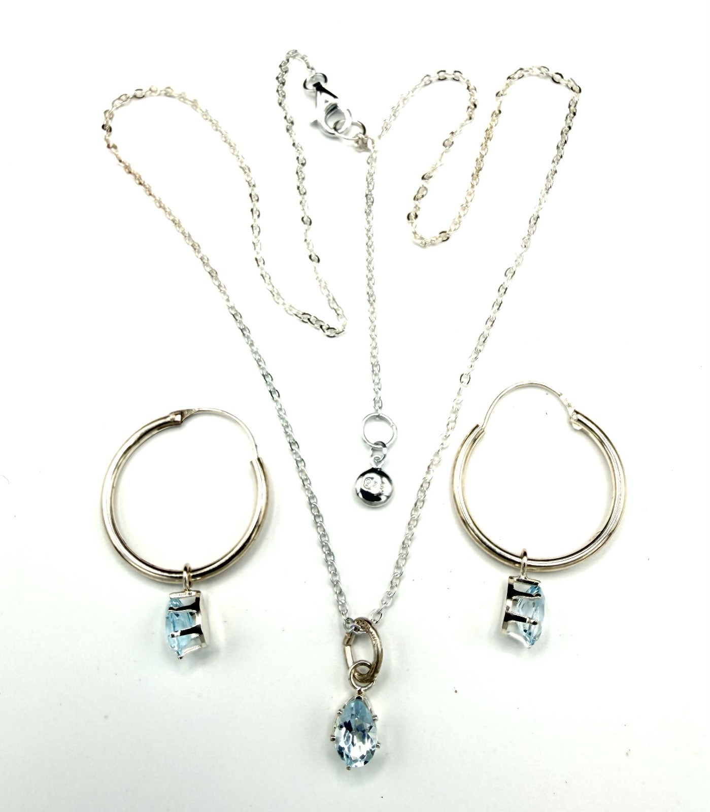 Vintage Sterling Silver Blue Topaz Hoop Earrings & Pendant Set w Kit Heath Chain