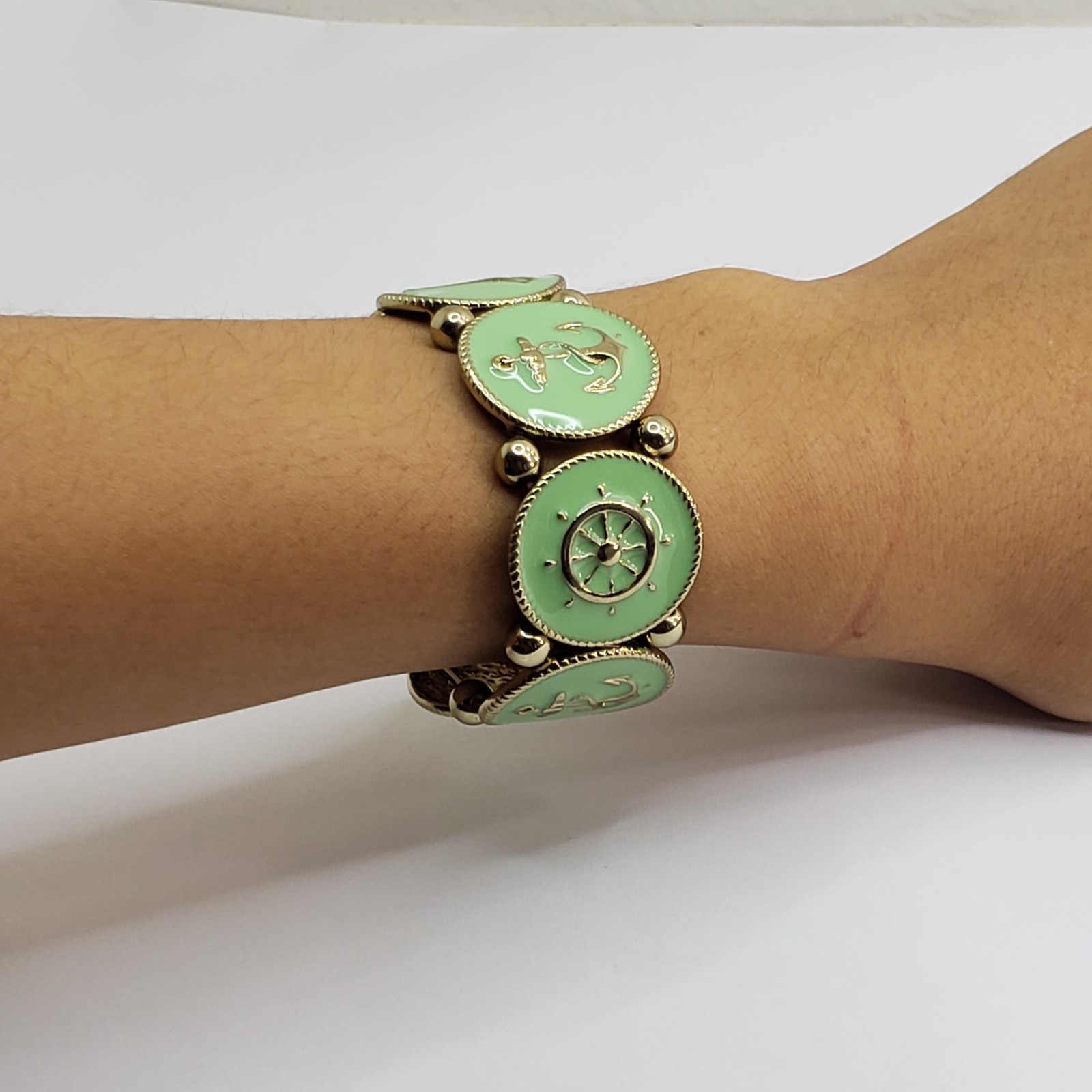 Vintage-style nautical themed Stretch Bracelet mint green enamel finish Goldtone