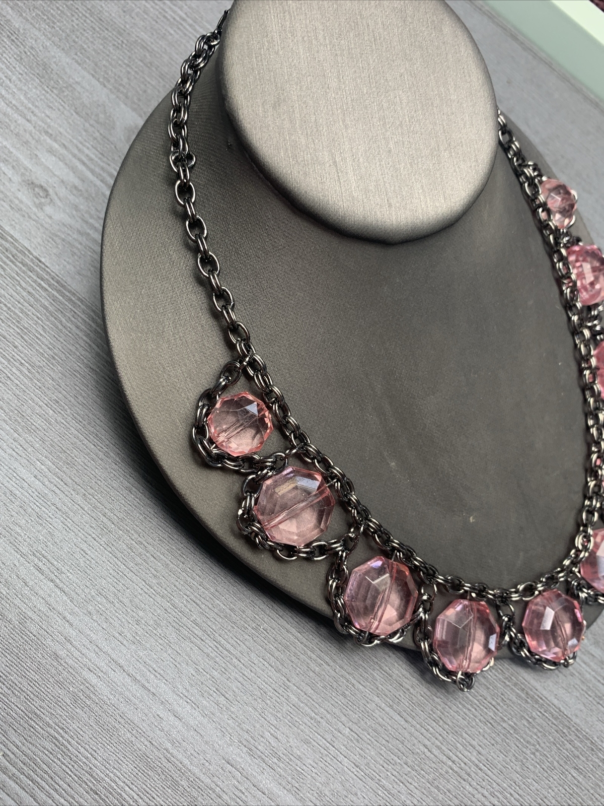 Vintage Beaded Necklace 18” Boho Pink, Gunmetal, Gray, Bib Statement