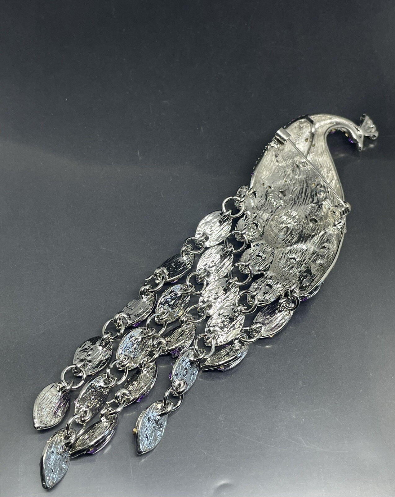 Vintage Peacock SilverTone Purple Rhinestones Crystals 5.5” Pendant Pin Brooch