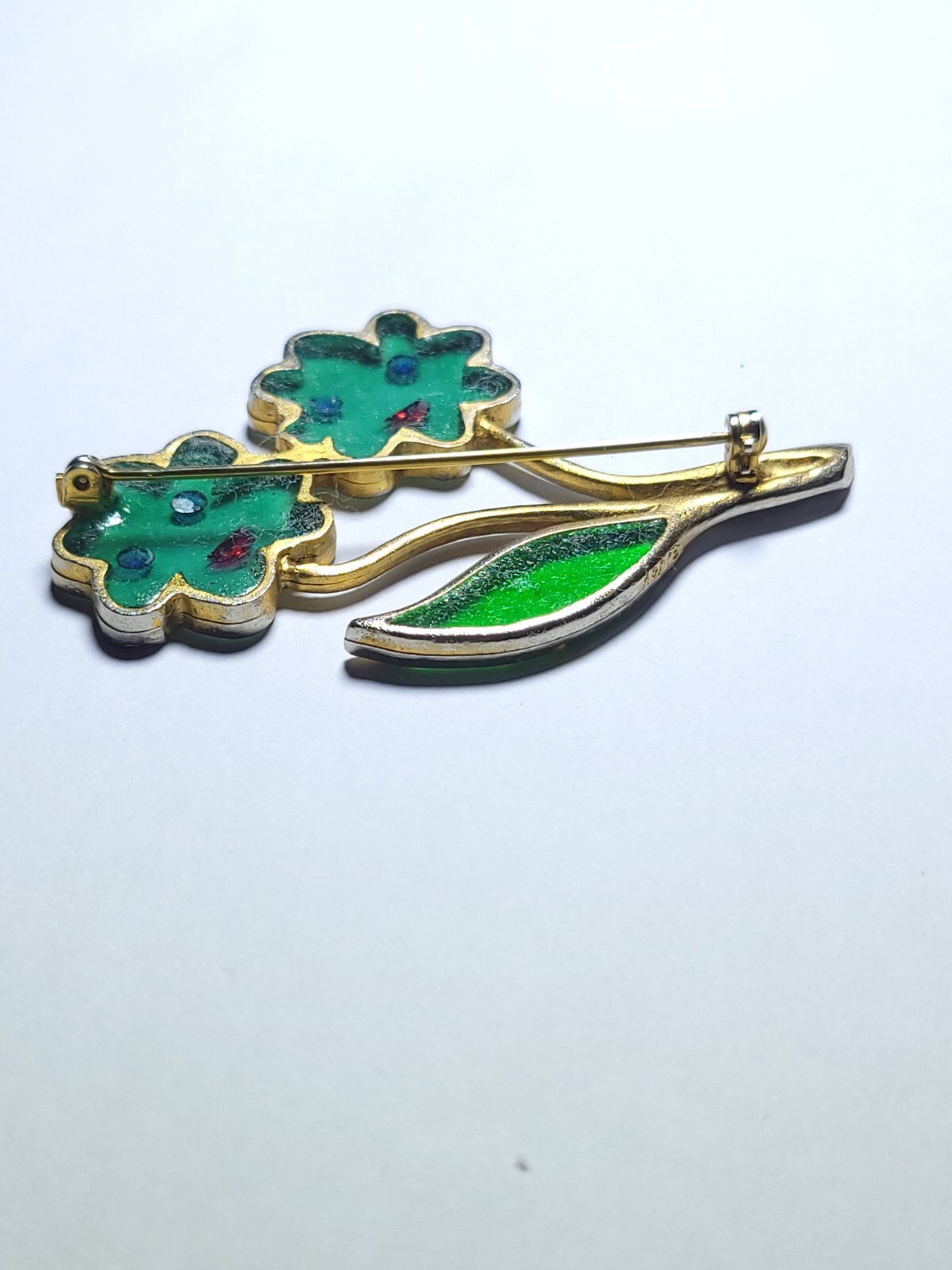Enamel Flower Face Brooch by Joy Vintage Plique A Jour Green Stained Glass Resin