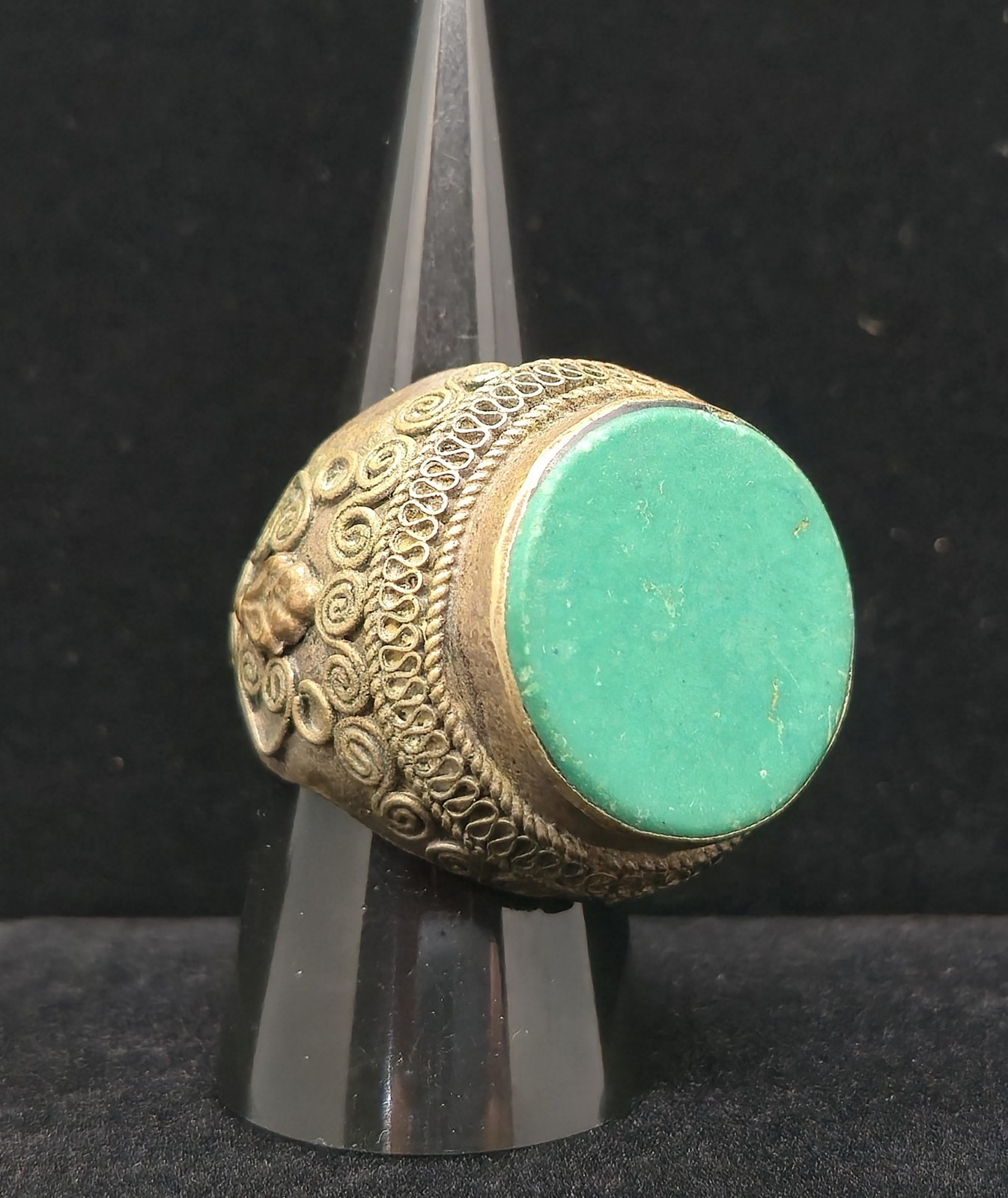 Vtg Antique Green Turquoise Hearts & Flowers Filigree Ring
