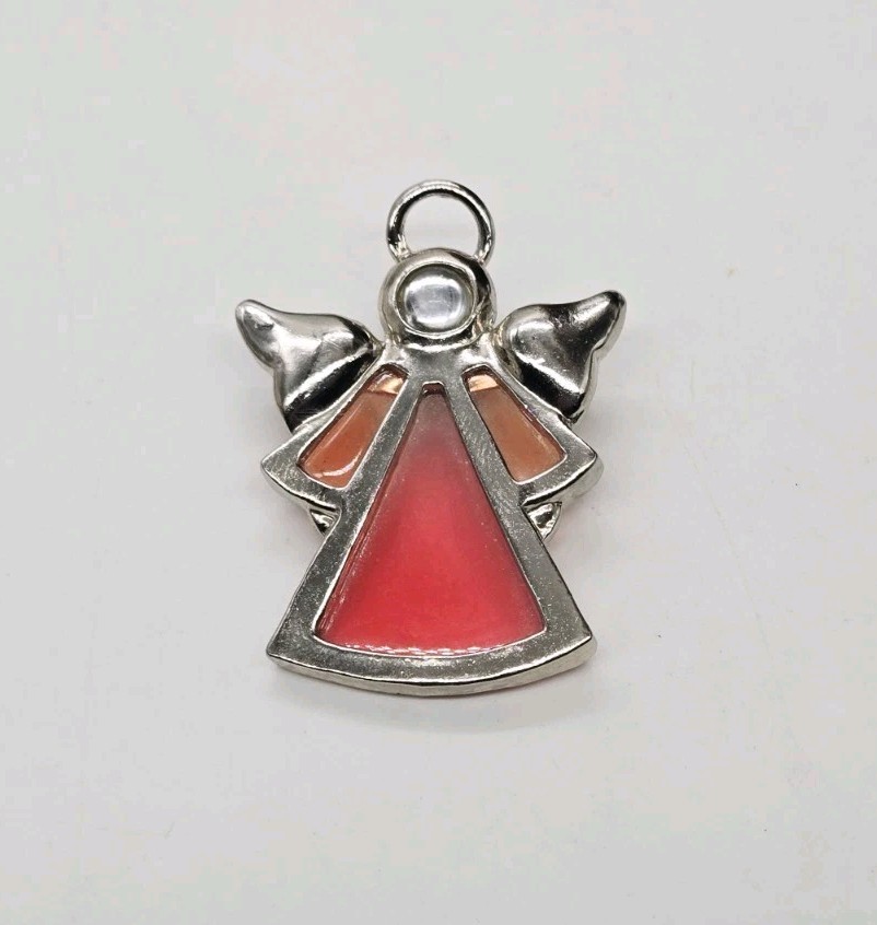 Angel Brooch Pink Glass Pin Silver tone Wings and Halo Deco Guardian 1.75 in