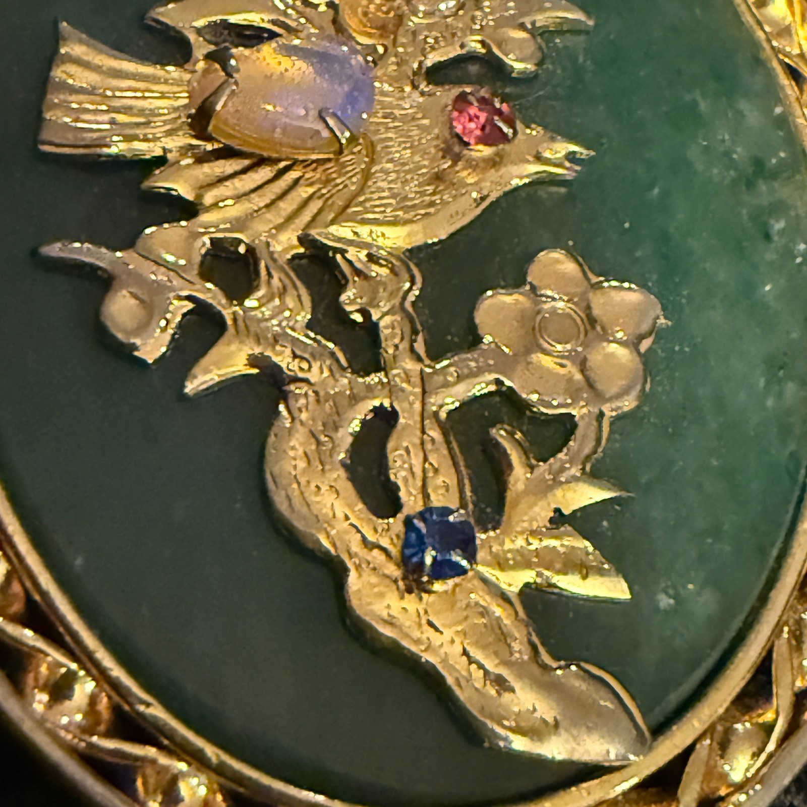 VTG Chinese Jade Pendant Opal Ruby Sapphire Emerald Bird Gold Tone Reversible Fu
