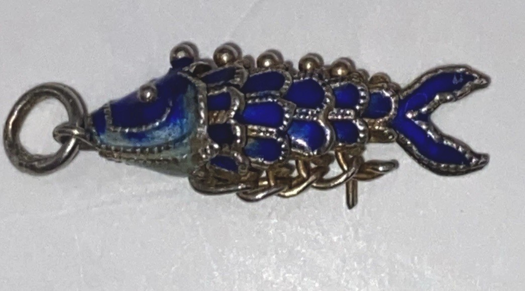 Vintage 2 3/4”Reticulated Fish Cobalt Blue/White Cloisonné Pendant