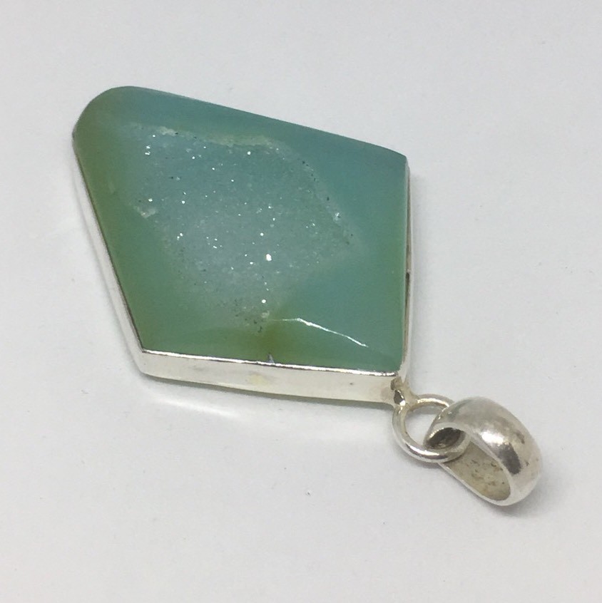 Natural Green Geode Pendant Polished Edges w/ Crystals in Sterling 15.9 grams