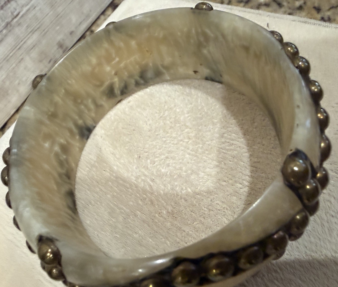 Off White Marbled Bracelet Brass Studded Bangle Boho Vintage 7.5”