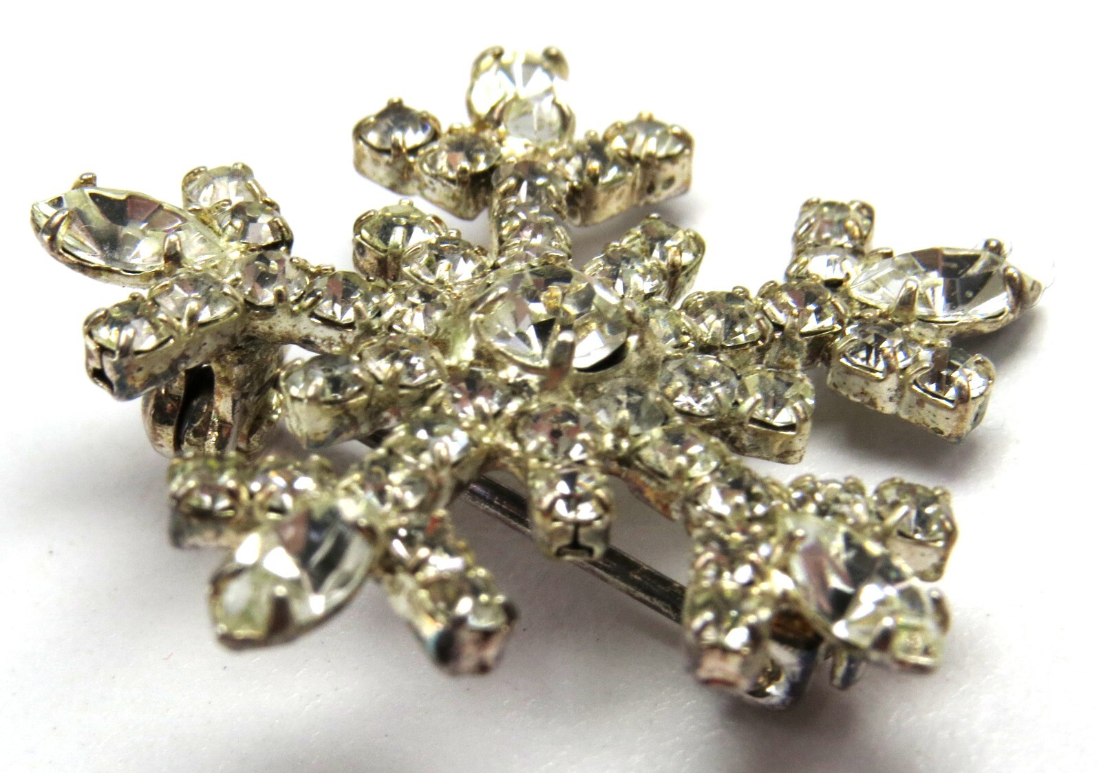 Pretty Rhinestone Snowflake Vintage Brooch, About 1-1/8″ Across – Read