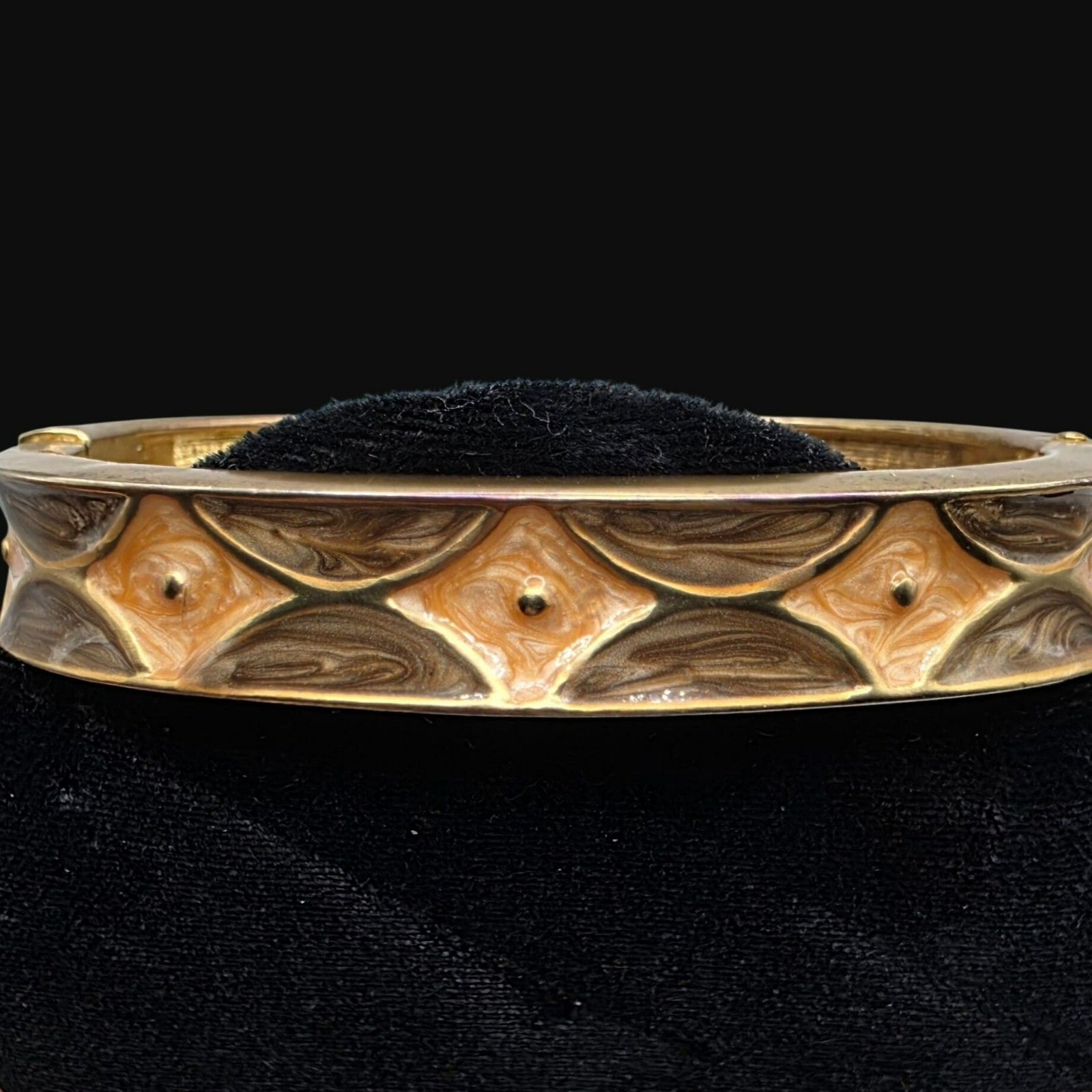 Vintage Gold-Tone Hinged Bangle Bracelet Brown Peach Enamel Geometric Cuff Boho