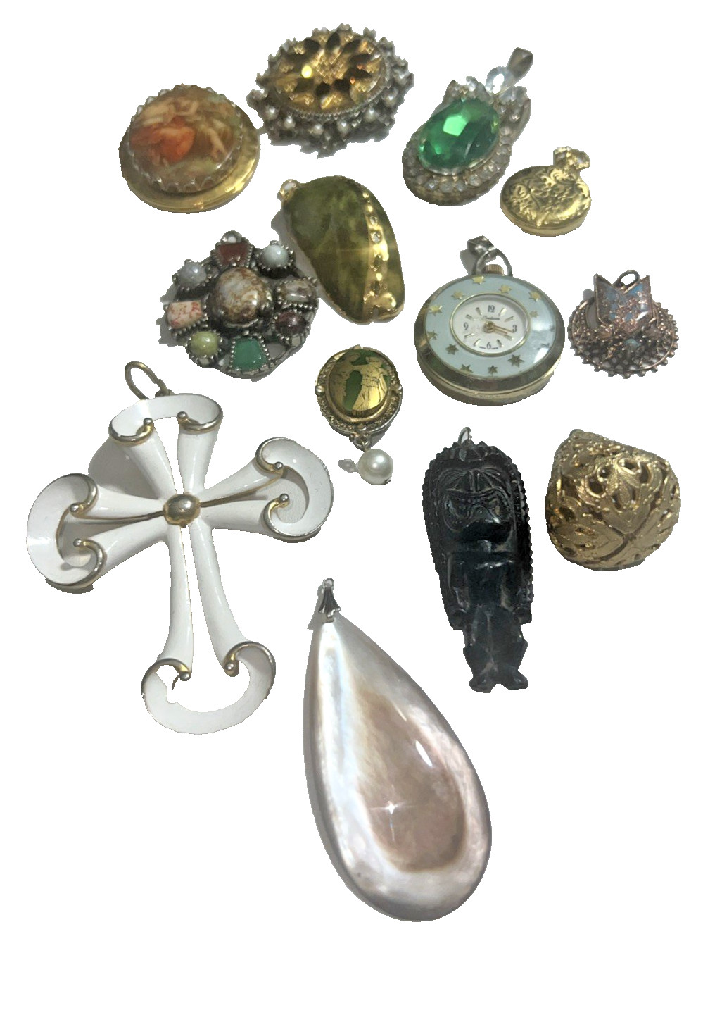 Vintage Unique Large Pendant Lot Cross Cameo Locket Watch Shell Stone Crystal