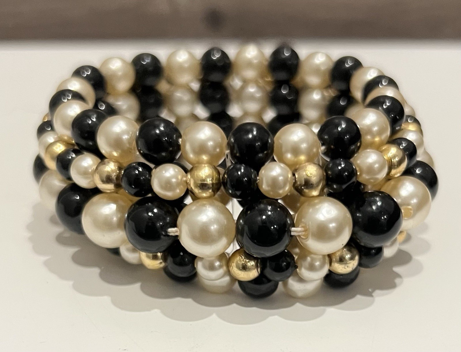 Vintage Faux Pearl Gold & Black Stretch Band Bracelet Fits All