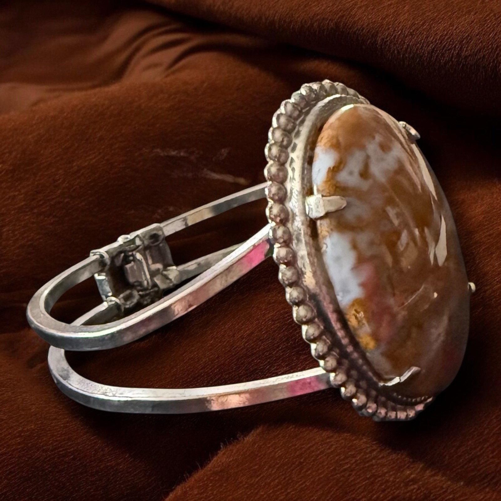 Silver Tone Agate Cuff Bracelet Vintage Blaze Orange Stone Small Wrist 5 Inches