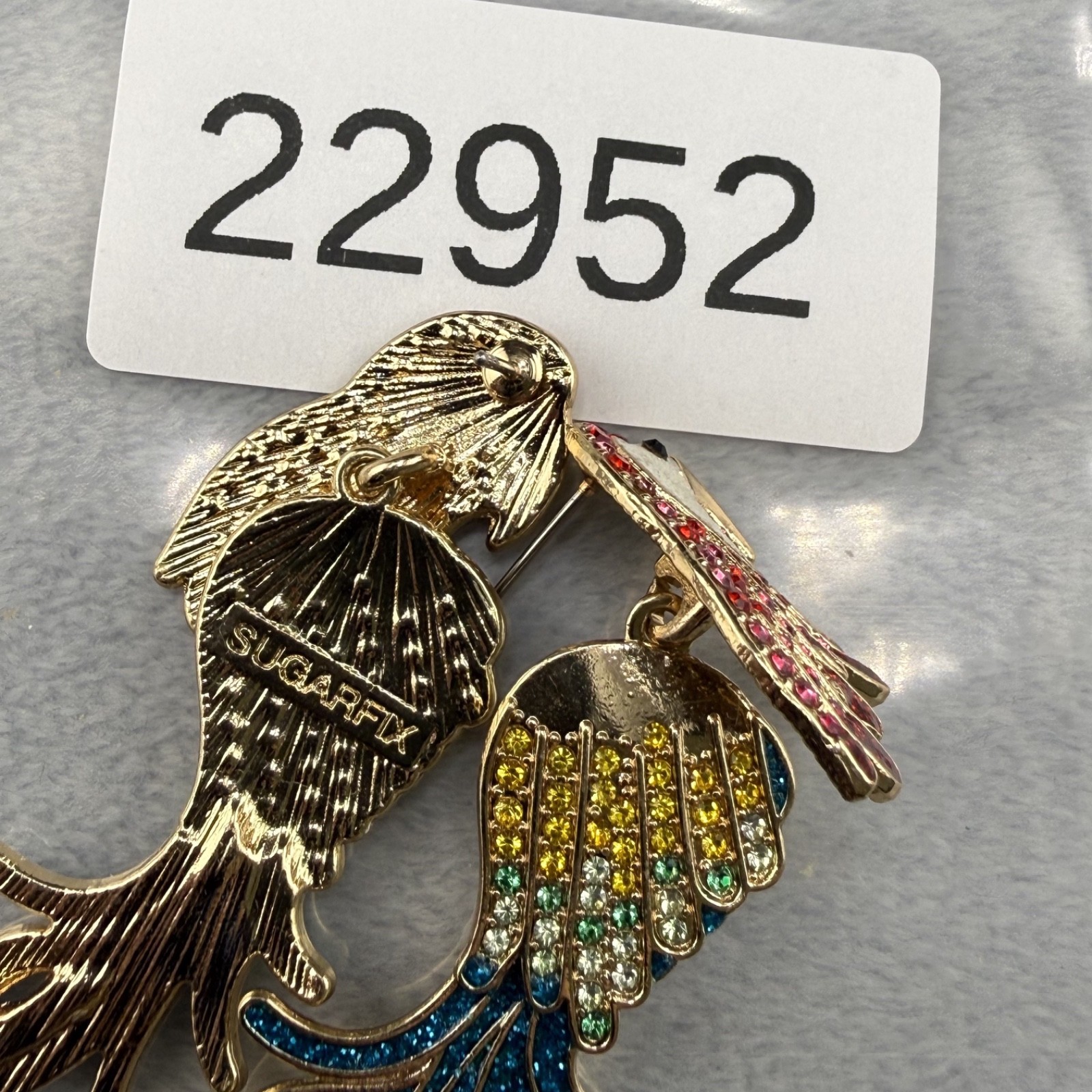 Sugarfix Rhinestone Parrot Pierced Earrings Gold Tone Bird Signed
