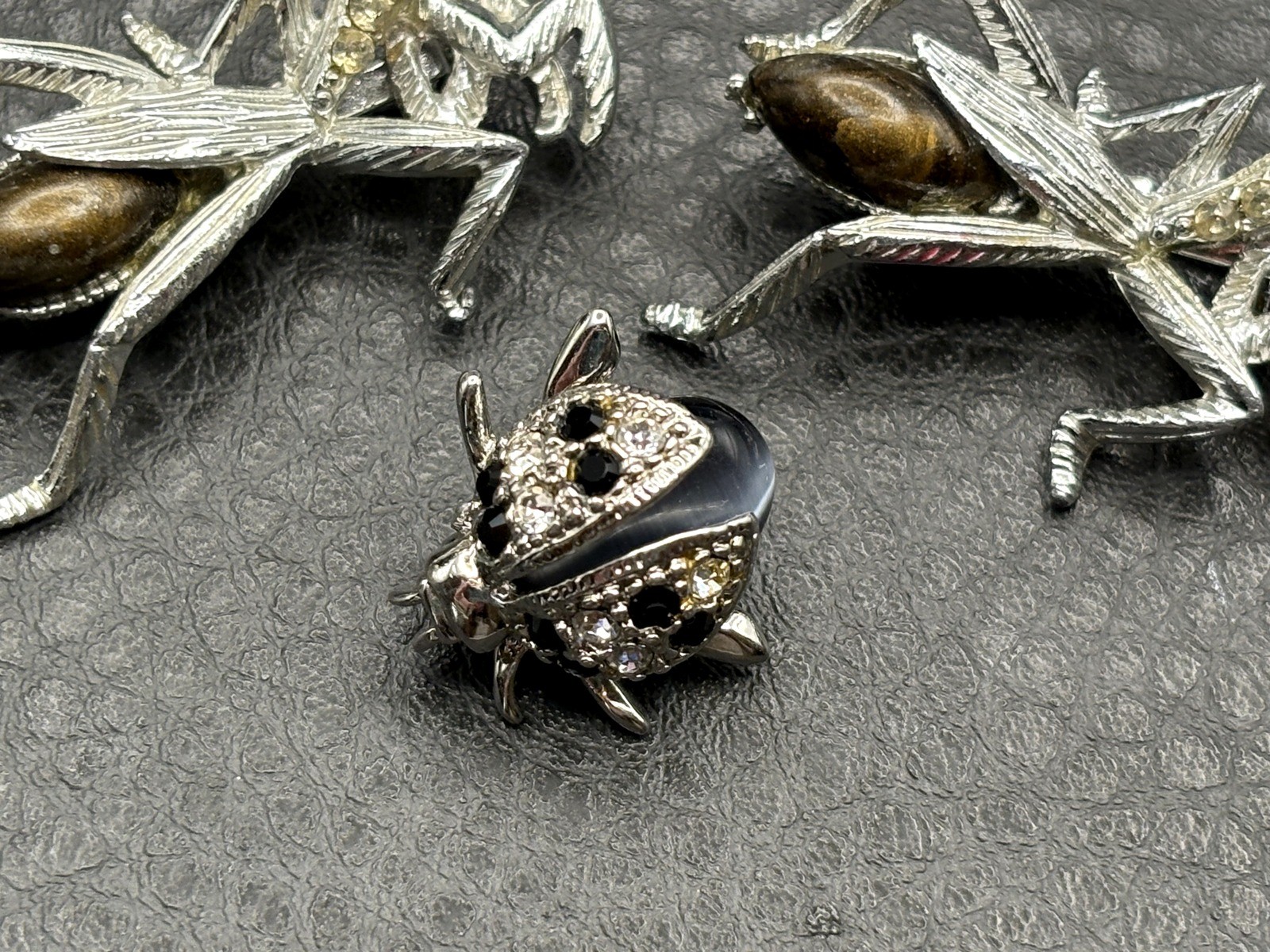 Vintage Lot Of 3 Insects 2 Praying Mantis 1 Beetle Brooch Enamel Crystal Bug Pin
