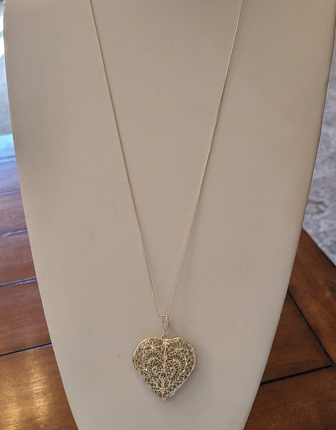 Vtg Sterling Silver Puff Large HEART NECKLACE 32″ Chain 14gm Filigree