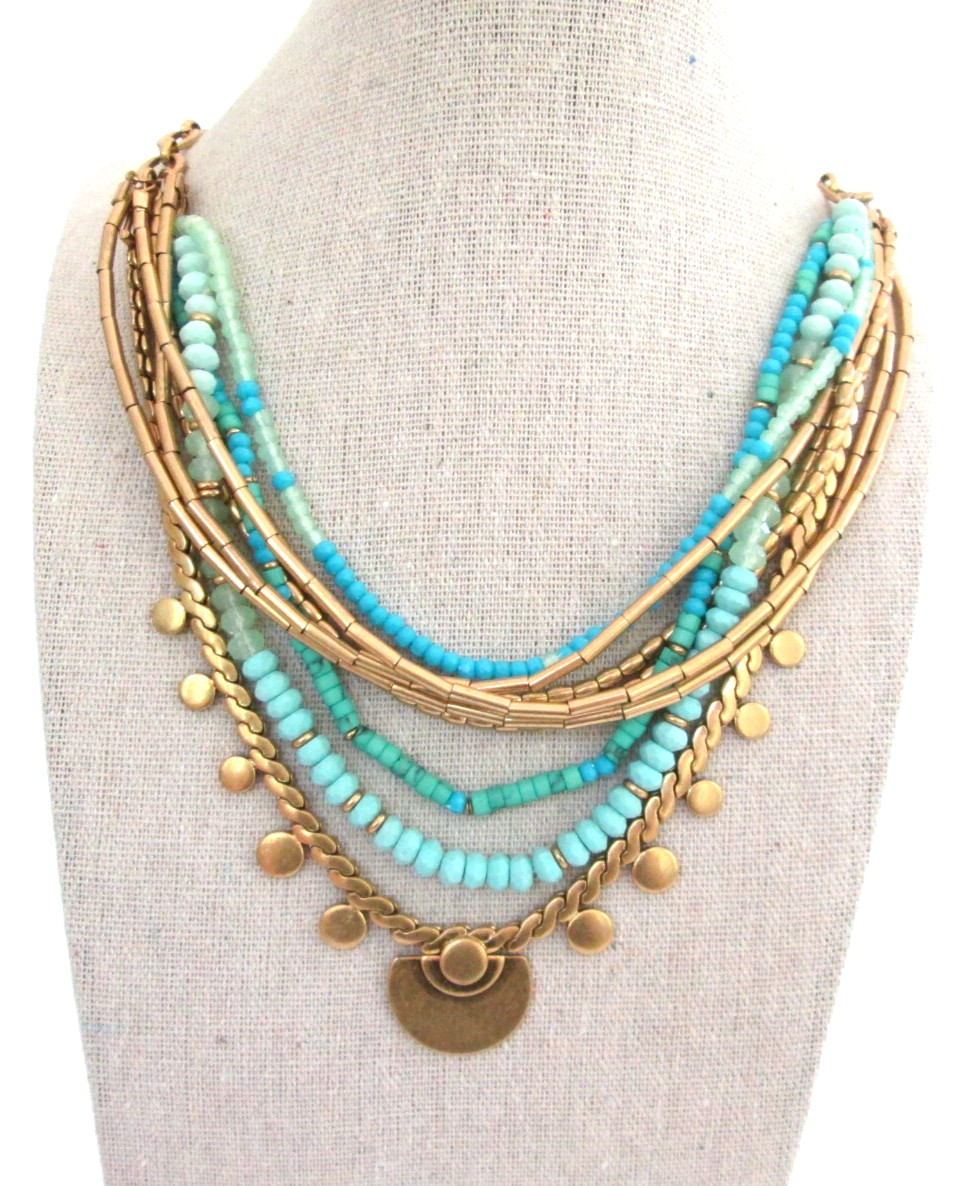 Stella & Dot Isa Convertible 3 in One Blue Bead Gold Tone Layer Collar Necklace