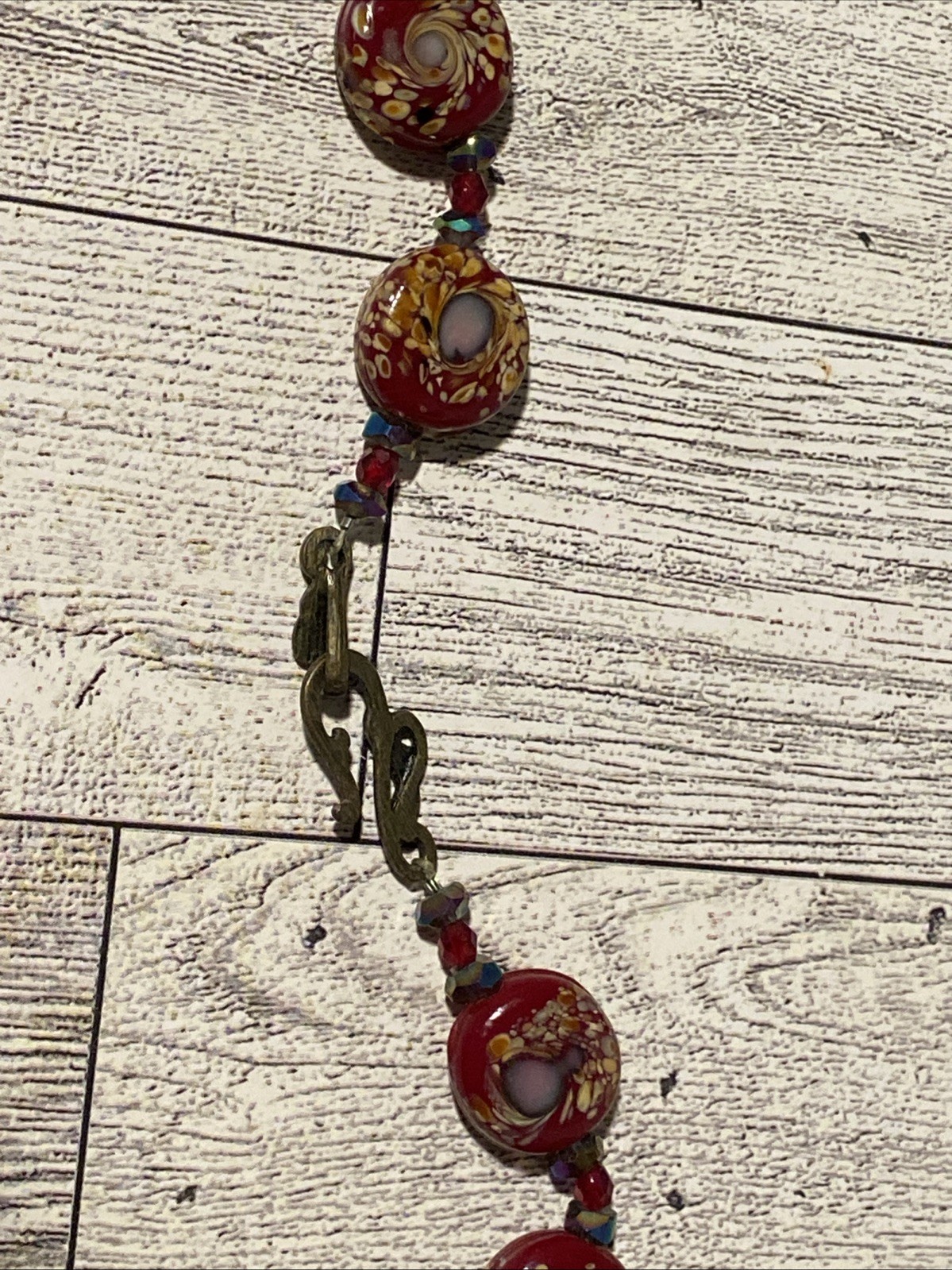 Vintage Red Millefiori Art Glass AB Iridescent Beaded Necklace Murano Style