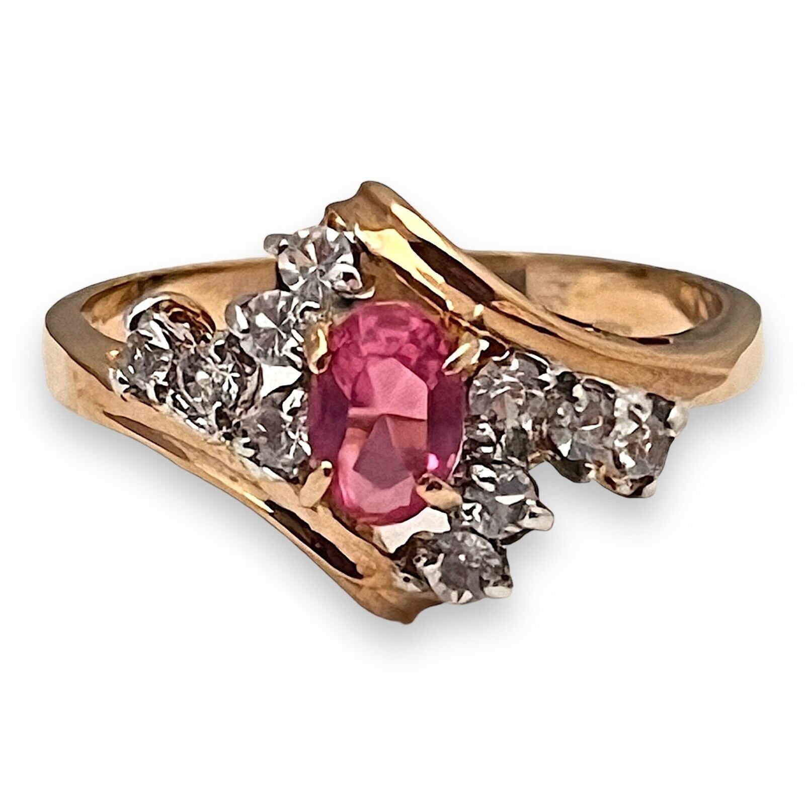 Vintage 1970s Ring Size 7 Pink Crystal CZ Cluster Prong Set Gold Plated – 14L