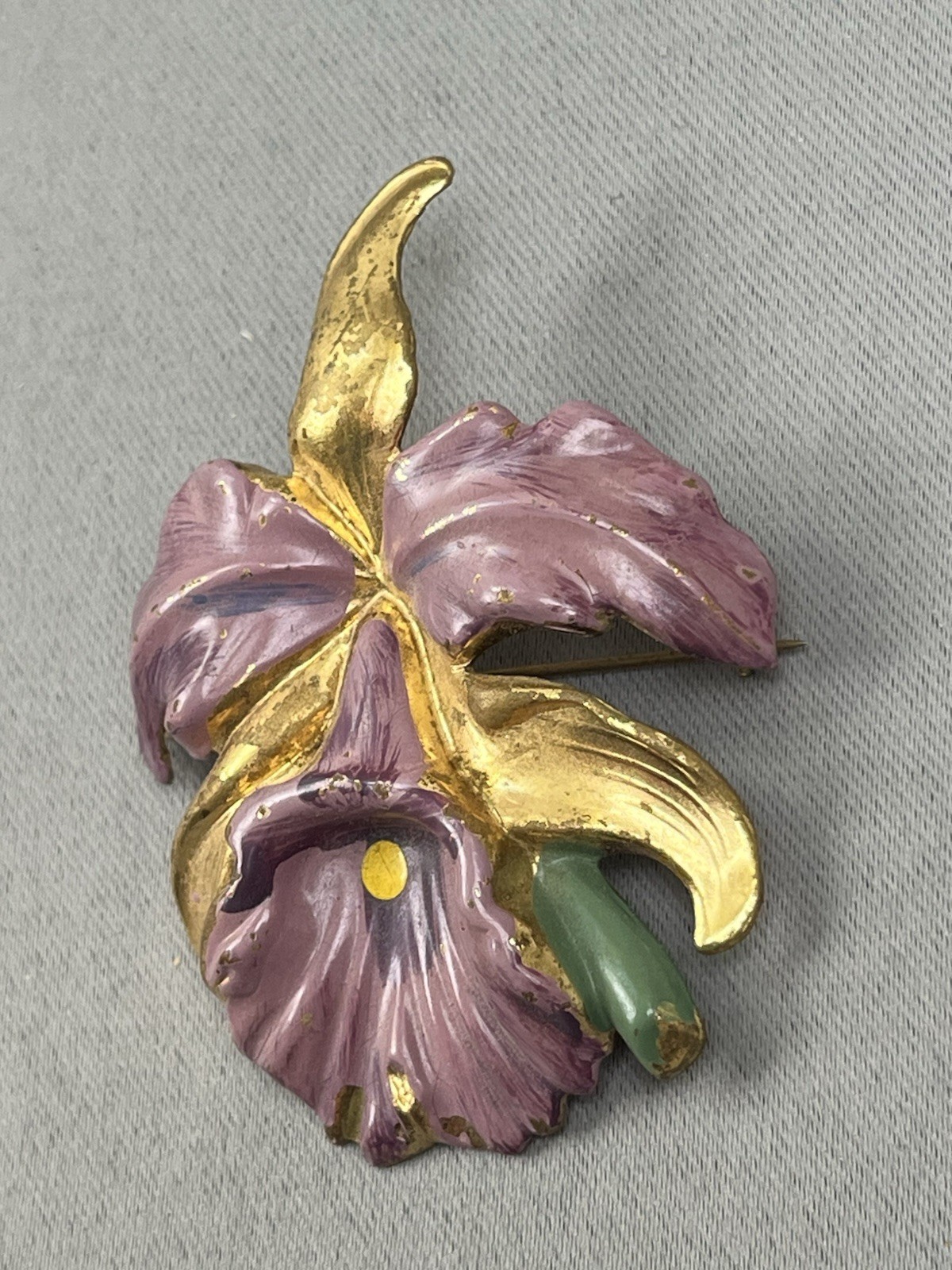 Vintage Orchid Brooch Purple Gold-Tone 1950s Flower Pin Corsage Brooch Painted