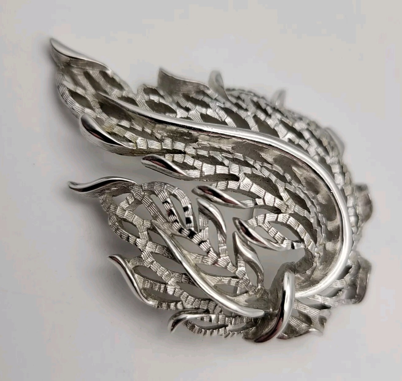 Vintage Crown Trifari Brooch Silver Tone Nature Leaf Swag Matte Polished Signed