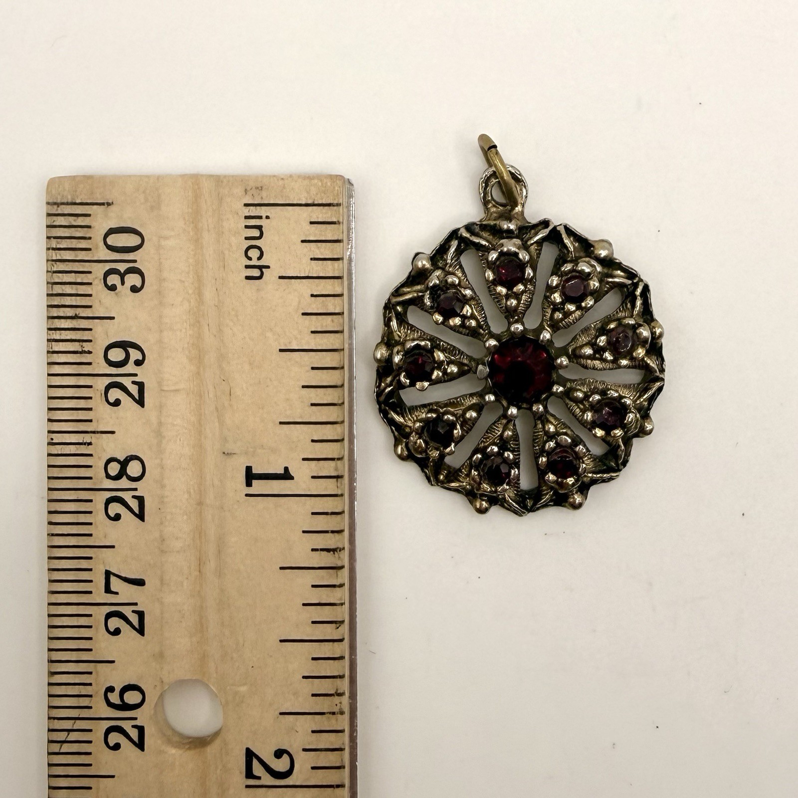 Vintage Red Glass Openwork Pendant Antiqued Gold Tone Gothic Boho Statement
