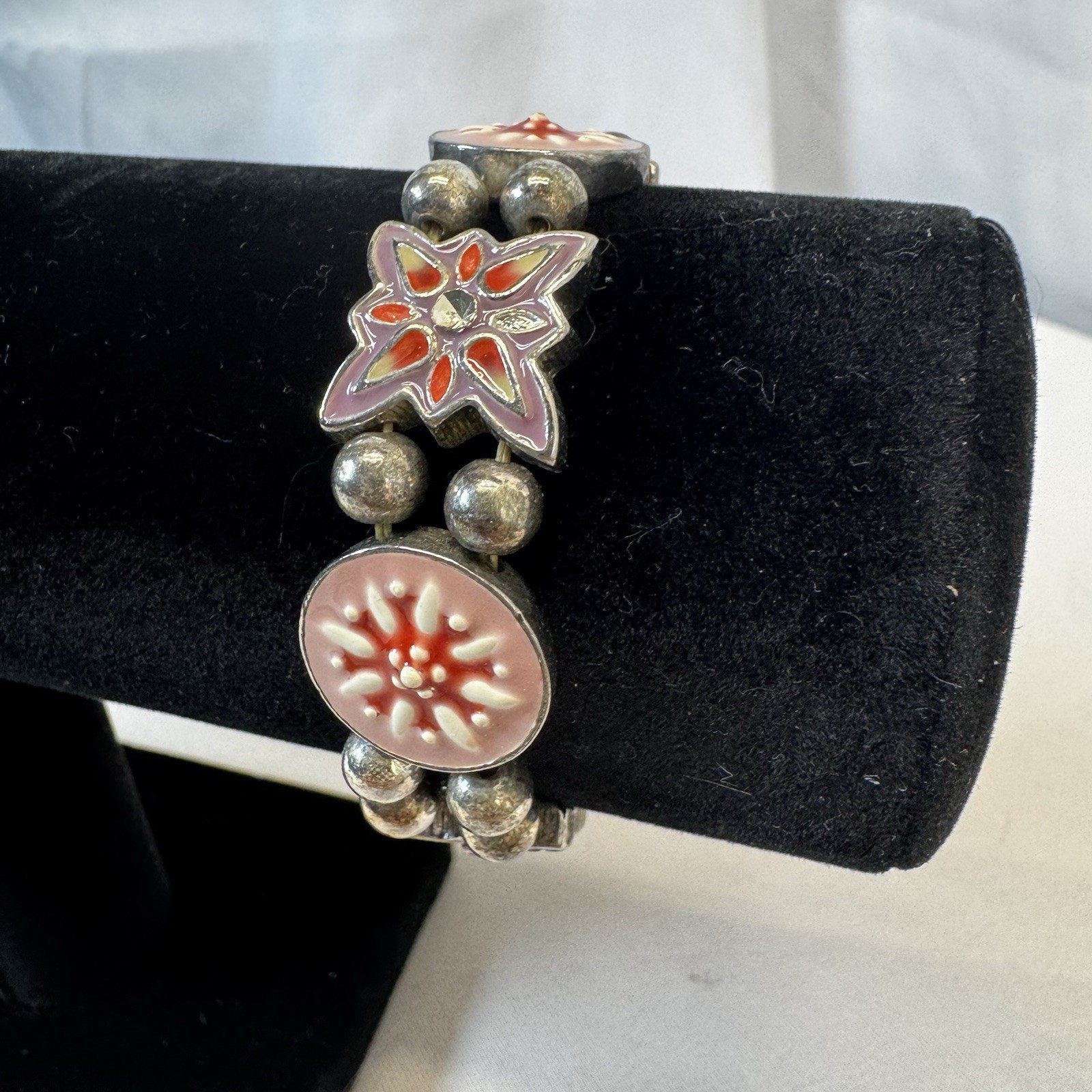 Vintage Silver Tone Stretch Bracelet Pink, Red, Purple & White