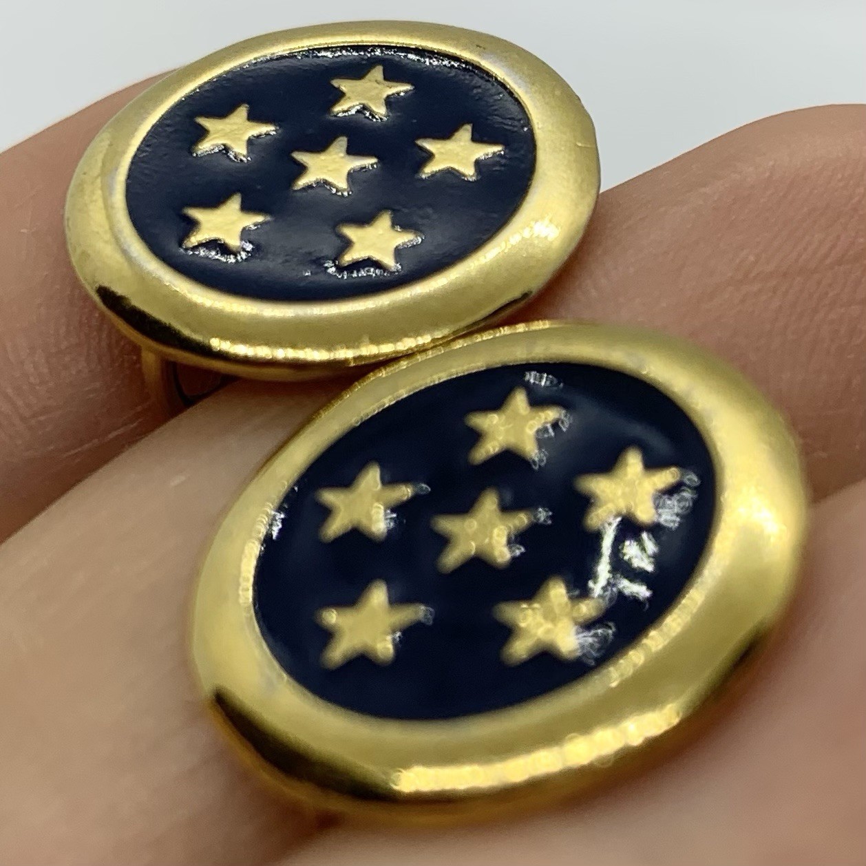 VTG Revere Signed Gold Star Blue Enamel Button Earrings Clip-on