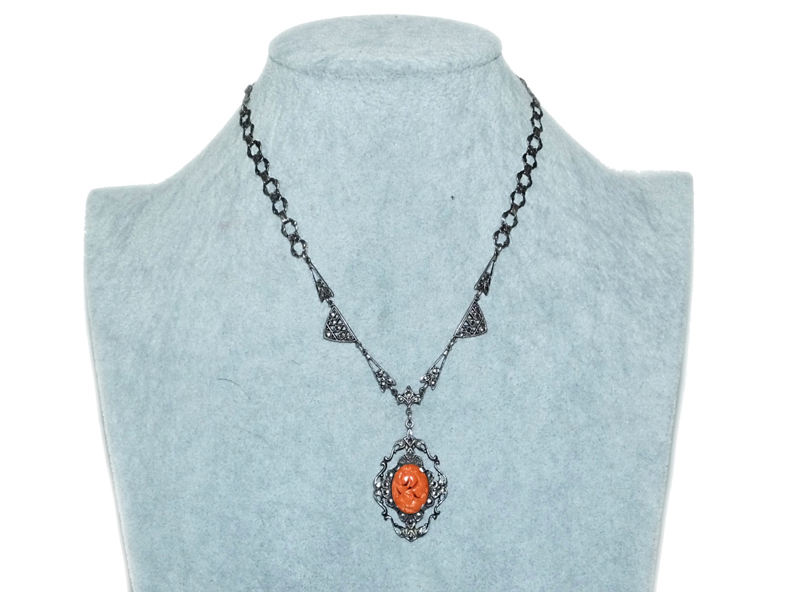 Antique Edwardian Art Deco Floral Carved Faux Coral Marcasite Sterling Necklace
