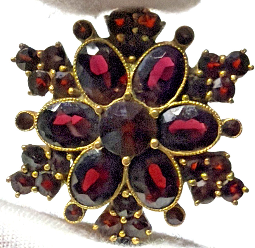Victorian Red Garnet Star Snowflake Cluster Germany Brooch Pin Screw Earrings