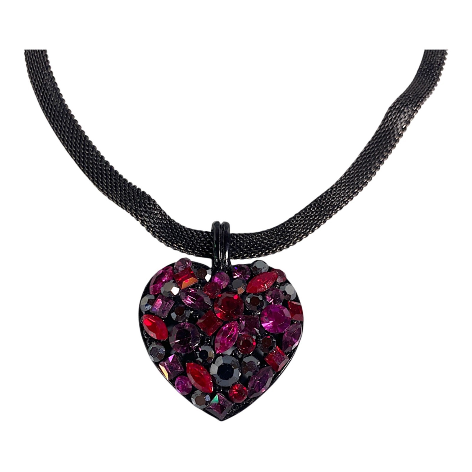 Goth Choker Necklace 15” Black Mesh Chain Heart Pendant Charm Witch Punk Y2K VTG