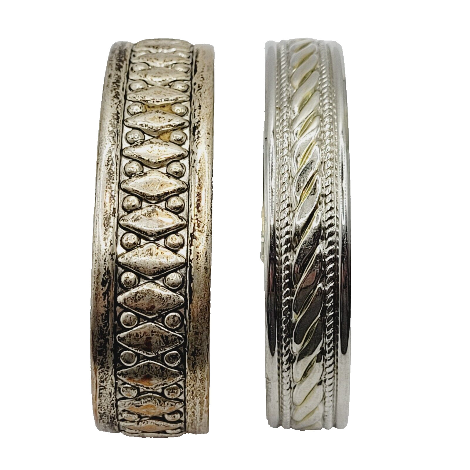 Two Vintage Metal Cuff Bracelets 1 Brass & 1 Silver Tone Patterned Tarnished