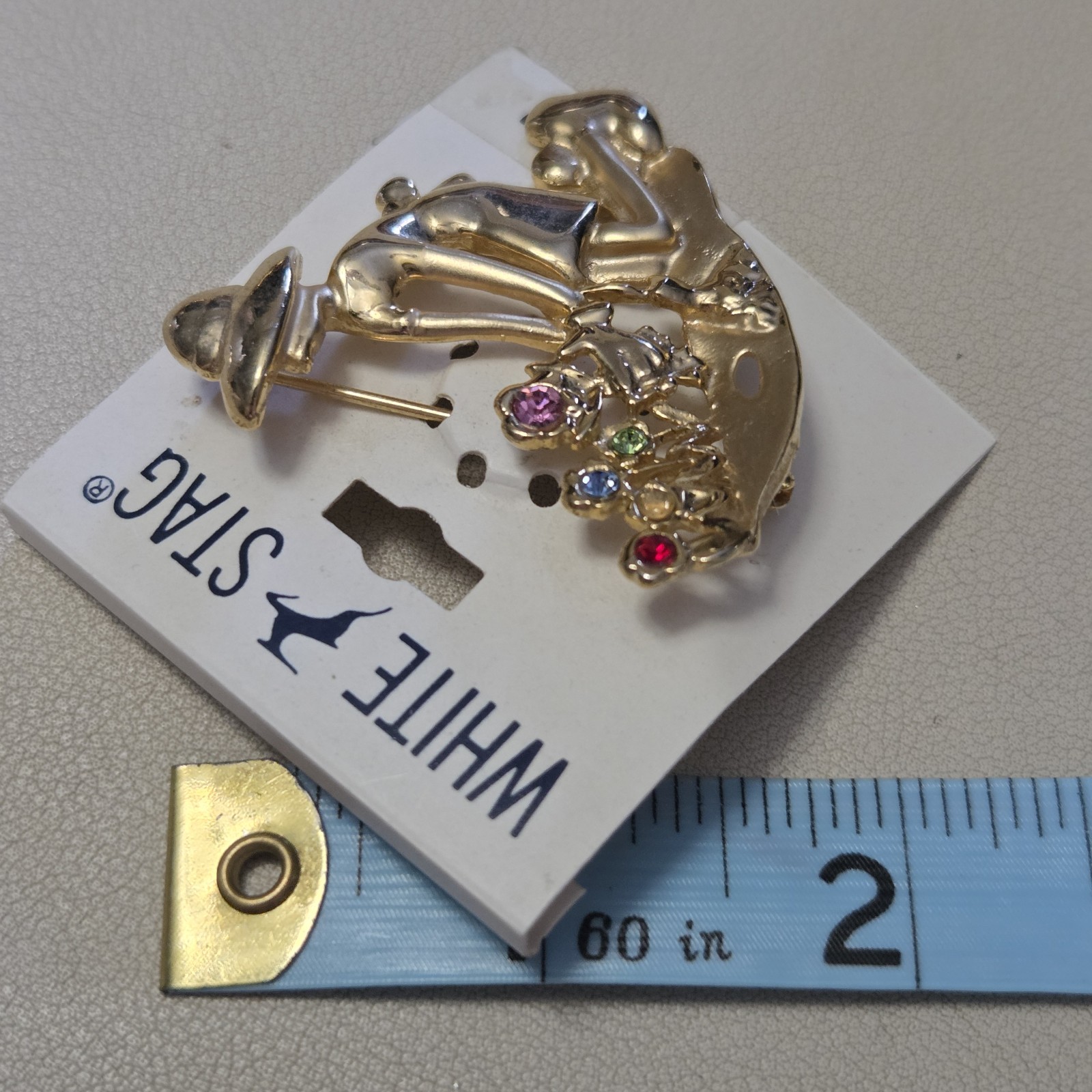 Vintage WHITE STAG Gold Tone Gardener Multi-colored Rhinestone Brooch AS IS