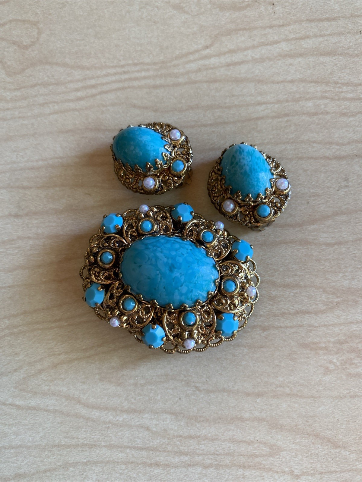 Vintage W. Germany Faux Turquoise Cabochon Filligree Brooch Pin & Clip Earrings