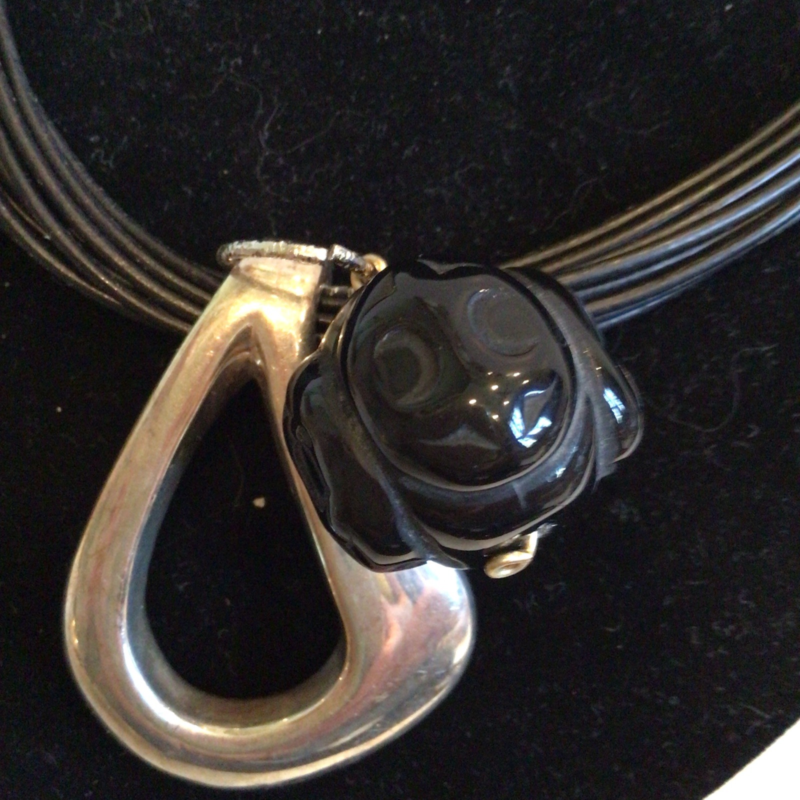 SPECIAL SEBBAG VON MUSULIN NECKLACE STERLING PENDANTS HUGE BLACK CUT BEAD LOVELY