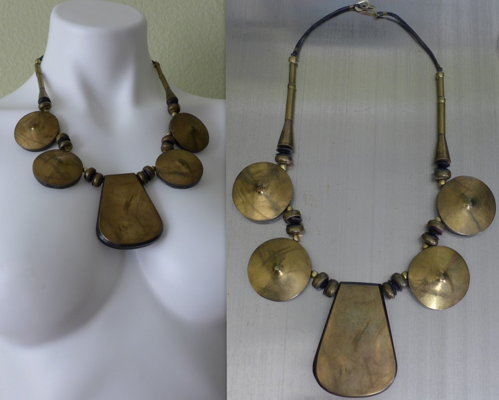 Estate Vintage Large Metal /Resin/Leather Cord Statement BOHO Tribal Necklace
