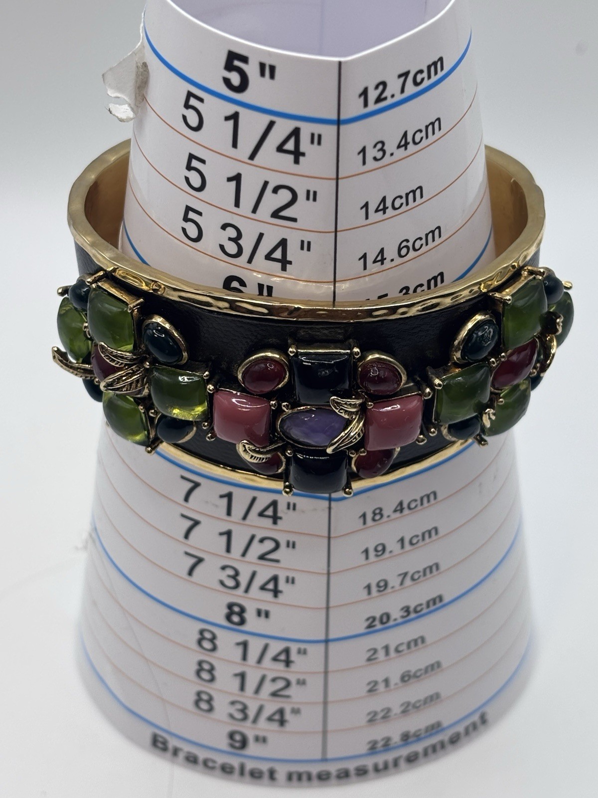 Vintage Chunky Gold Tone Multicolor Cabochon Crystal & Leather Byzantine Cuff