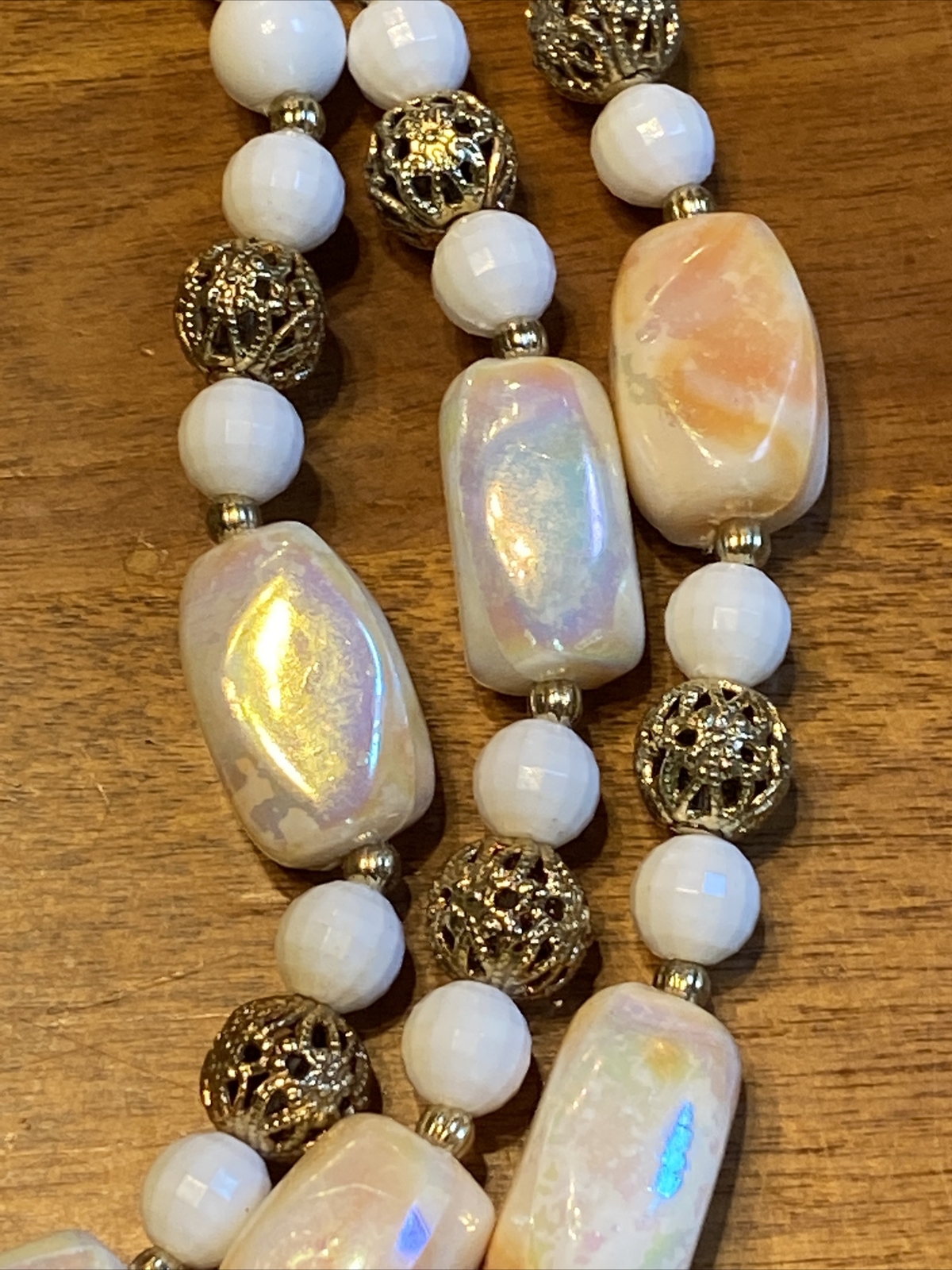 VNTG Signed CORO Triple-Strand OPALESCENT Enamel Beads Filigree Necklace Choker