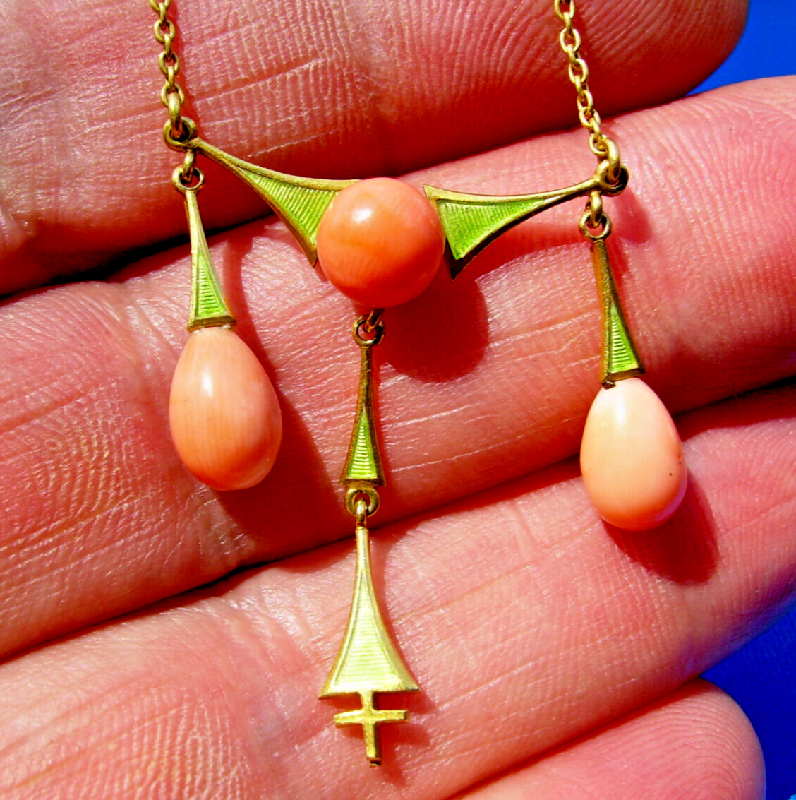 ORIGINAL Art Deco Coral Guilloche Enamel Necklace Solid 14K GOLD 18″ inch Chain