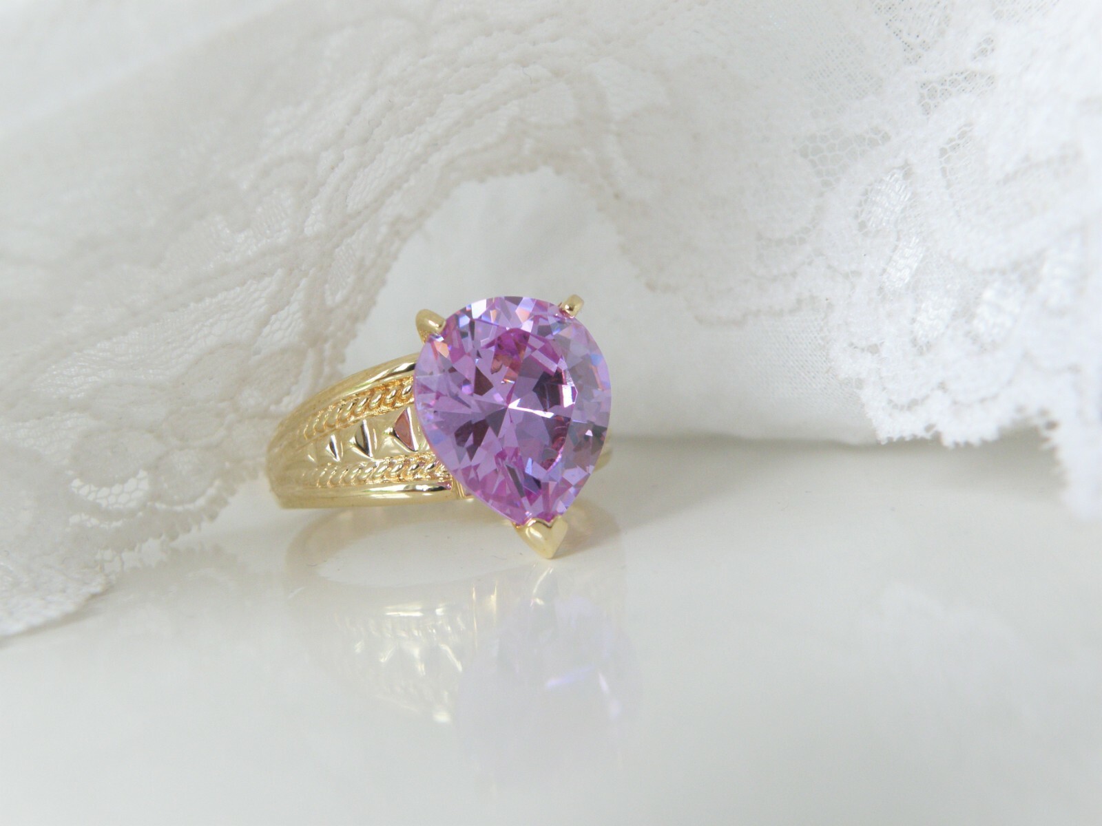 Vintage Sterling Silver 925 Gold on Pink Purple CZ Large Ring Size 10