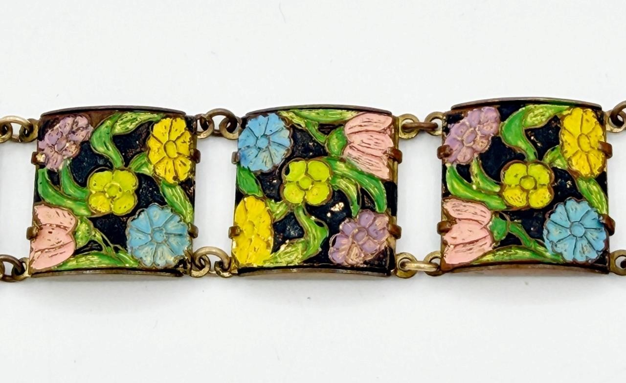 Vintage 1930s Floral Enamel & Brass Link Bracelet Made in England