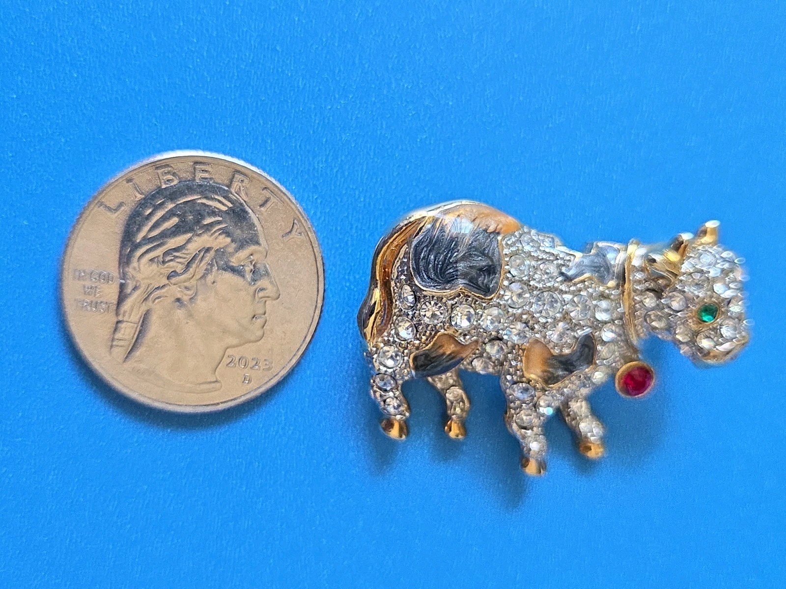 Vintage Cow~Bull Pin/Brooch~Clear, Green & Red Rhinestones & Enamel Goldtone Pin
