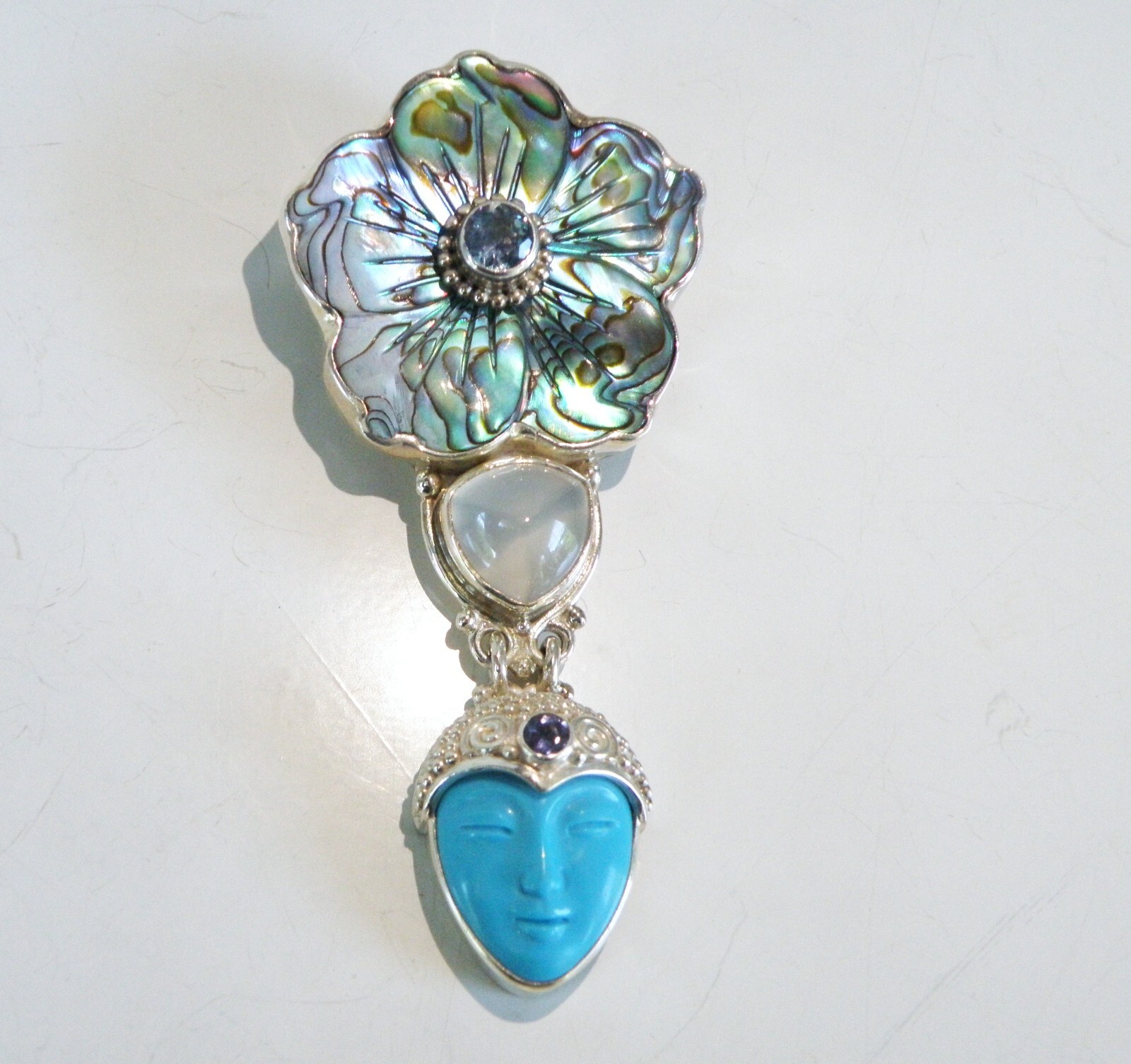 Sajen Sterling Silver 925 Large Carved Turquoise Goddess Brooch Pin Pendant