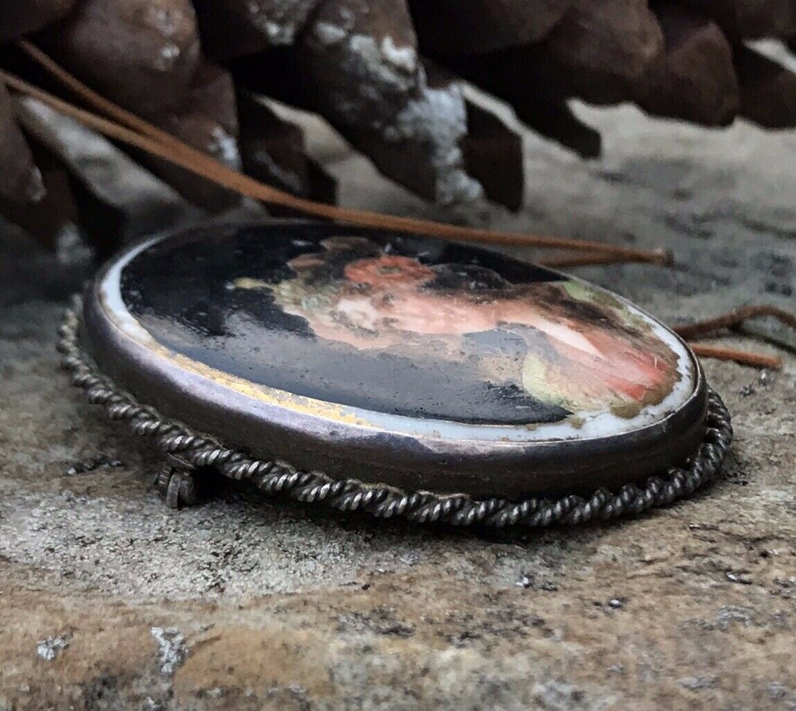 Antique Victorian Sterling Silver Painted Cameo Portrait Porcelain Brooch/Pin