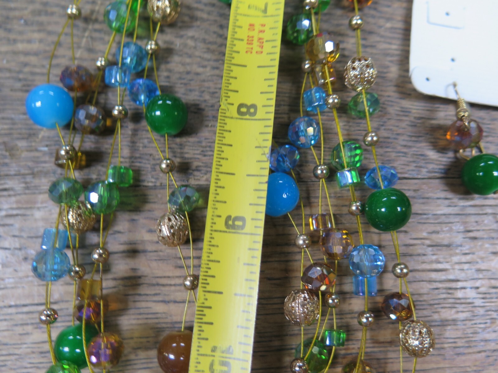 VINTAGE Multi Strand Beads Jeweled Wire Wrap Flexible Necklace 20″ W/ Earrings