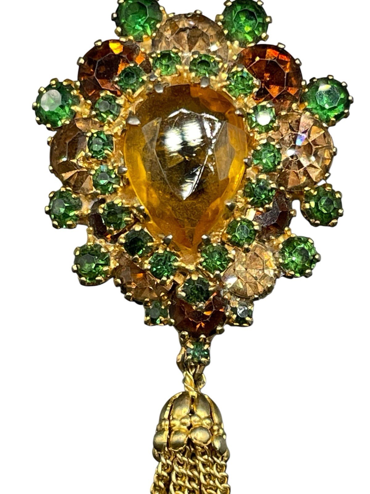 Vintage Domed Tassel Prong Set Austrian Crystal Brooch Gold Toned