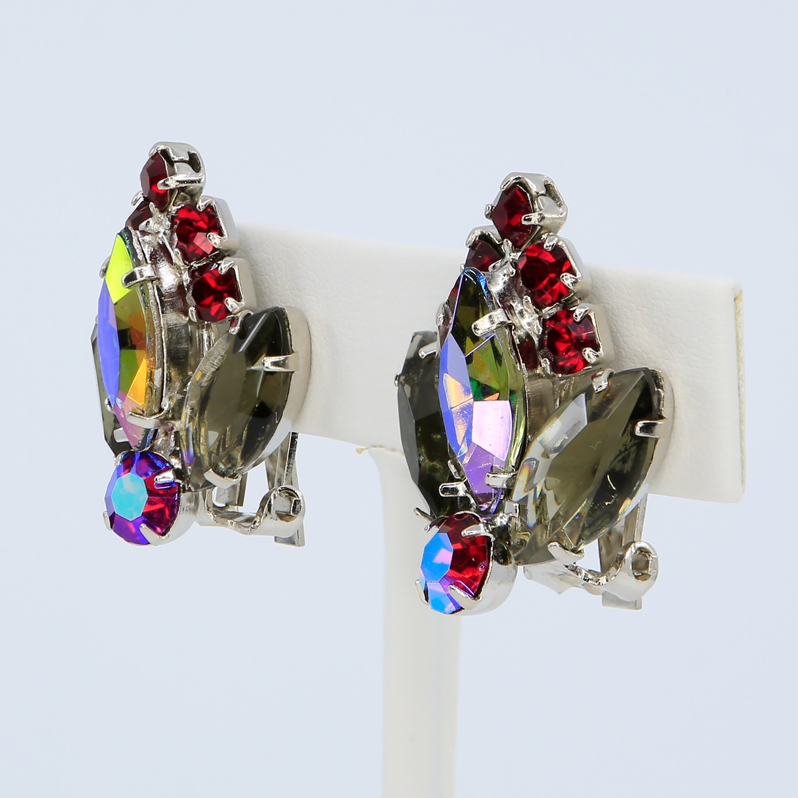 Vintage Smoky Gray Red AB Rhinestone Brooch and Clip-On Earrings Set 1950s