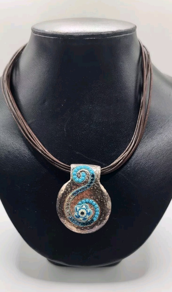 Blue Crystal 925 Sterling Italy Pendant Necklace Leather Cord Artistan Crafted